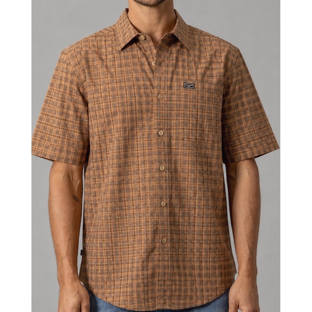 Katin Mens Brown Plaid Short Sleeve Button Down Shirt Logo Pocket
